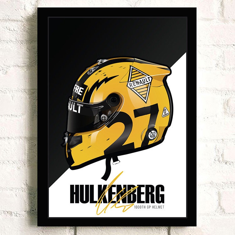 Kreatives Formel 1 Helm Poster von Nico Hülkenberg, präsentiert von justgoodmood. Ein tolles Kunstwerk für jeden Fan des Rennsports!