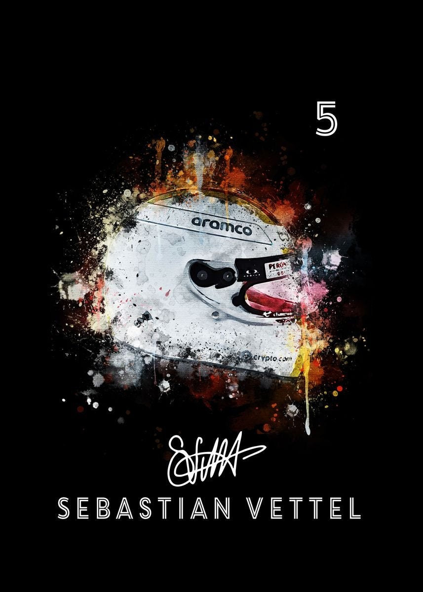 Künstlerisches Poster von einem Formel 1 Helm in Aquarell-Design, signiert und mit der Rennnummer 5, ideal für Motorsport-Fans. Verfügbar bei justgoodmood. Poster Formel 1 Helm Aquarell Rennfahrer Name Unterschrift Rennnummer I Deko Print ohne Rahmen.