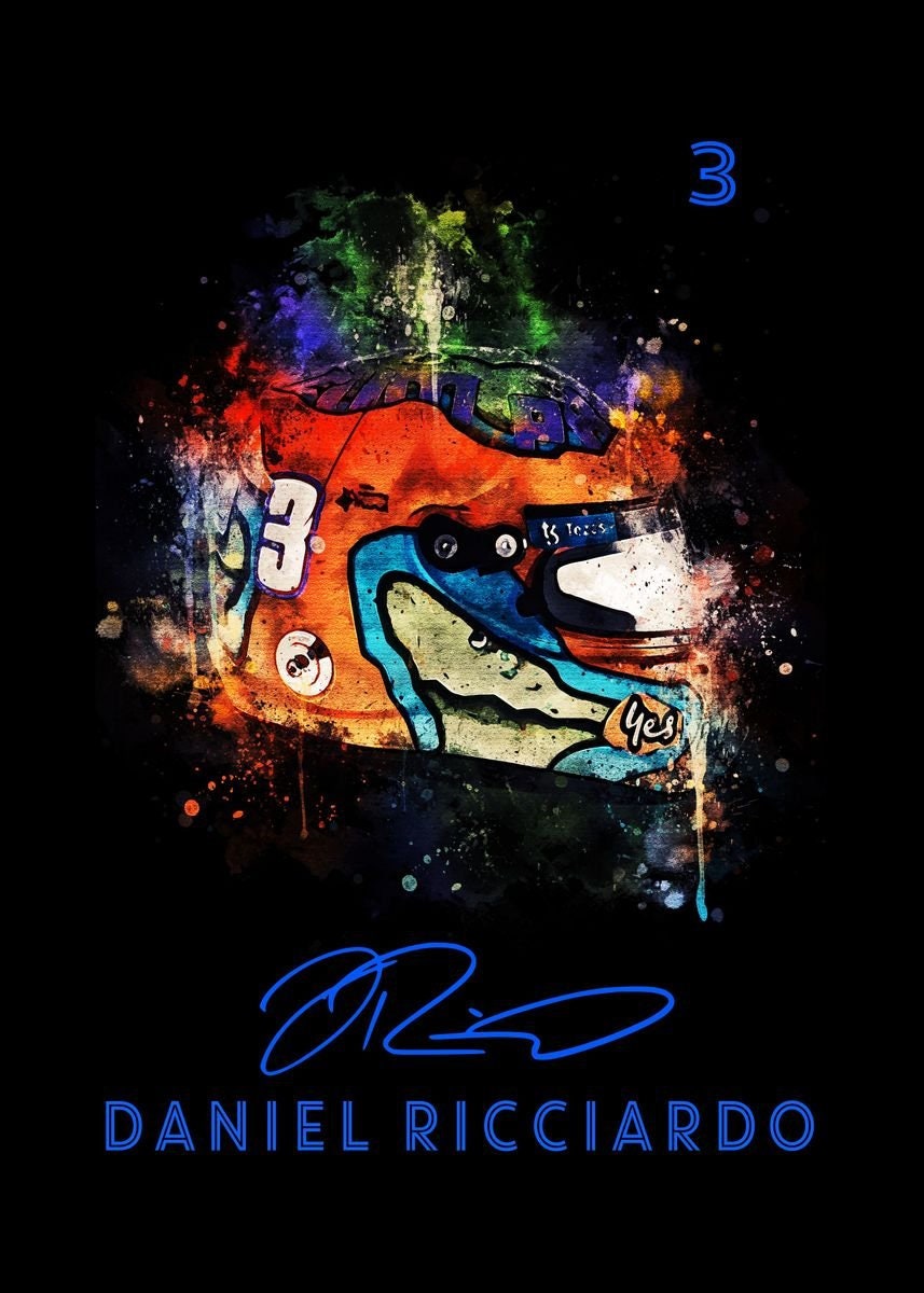 Kreatives Aquarell-Poster eines Formel 1 Helms mit der Nummer 3, erhältlich bei justgoodmood. Ideal als Geschenk für Rennsport-Enthusiasten.