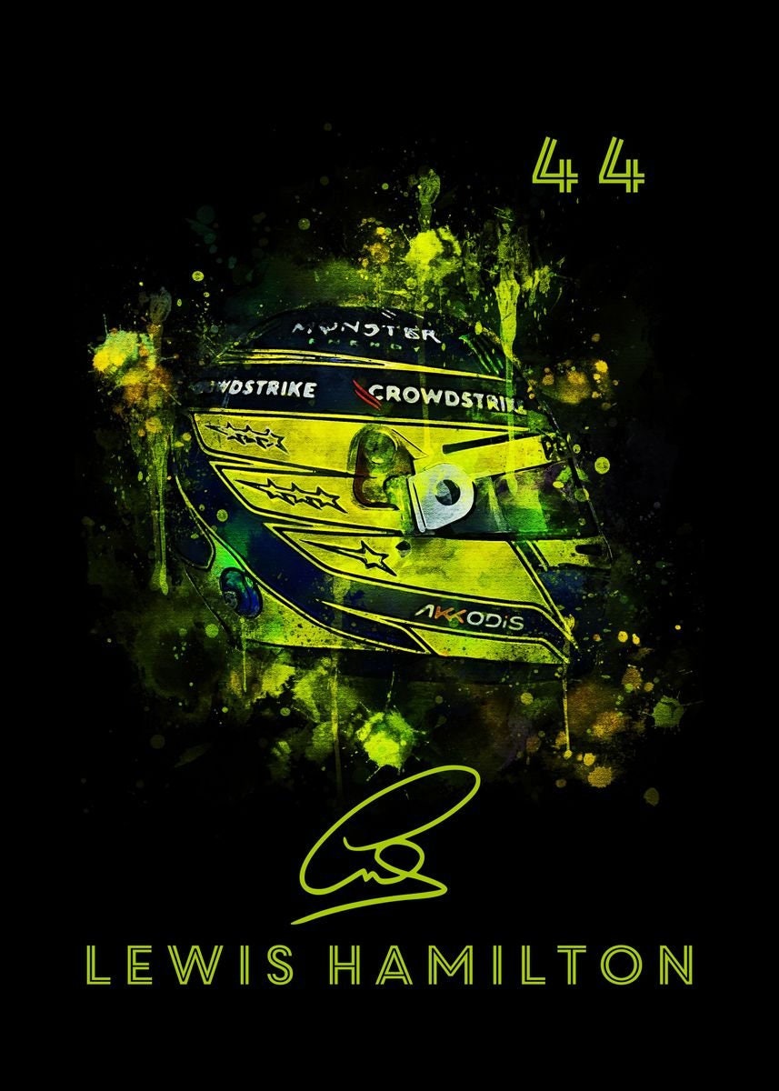 Leuchtendes Aquarell-Poster eines Formel 1 Helms mit der Nummer 44, erhältlich bei justgoodmood. Verleihen Sie Ihrem Raum einen Hauch von Motorsport!