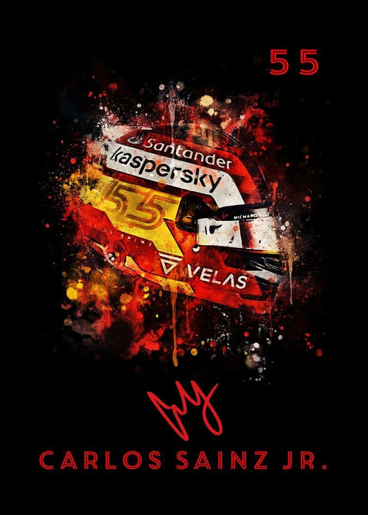 Buntes Aquarell-Poster eines Formel 1 Helms mit der Nummer 55, präsentiert von justgoodmood. Ein perfektes Deko-Element für Motorsport-Fans.