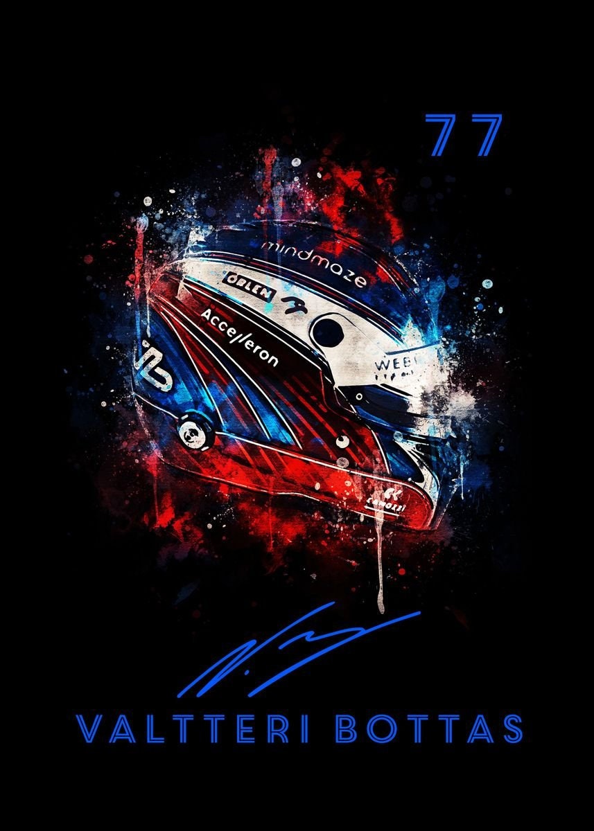 Stilvolles Aquarell-Poster eines Formel 1 Helms in leuchtenden Farben mit der Rennnummer 77, ideal für jeden Motorsport-Fan. Erhältlich bei justgoodmood. Poster Formel 1 Helm Aquarell Rennfahrer Name Unterschrift Rennnummer I Deko Print ohne Rahmen.