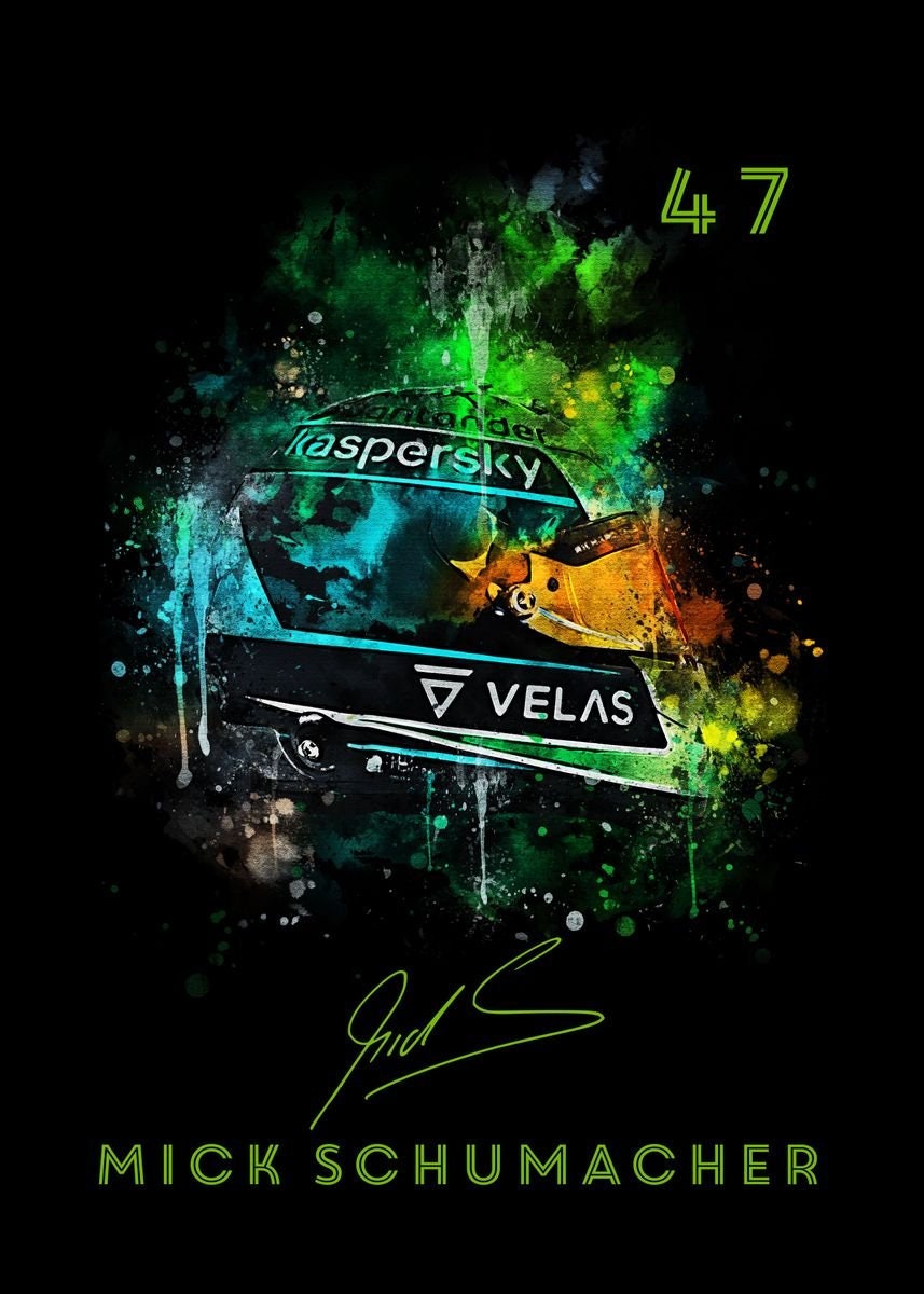 Buntes Aquarell-Poster eines Formel 1 Helms mit der Rennnummer 47, perfekt für Rennauto-Begeisterte. Erhältlich bei justgoodmood. Poster Formel 1 Helm Aquarell Rennfahrer Name Unterschrift Rennnummer I Deko Print ohne Rahmen.