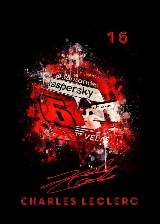 Faszinierendes Poster mit einem Formel 1 Helm in Aquarell-Design, featuring die Unterschrift von CHARLES LECLERC und der Rennnummer 16. Perfekt für Motorsportfans! Von justgoodmood.