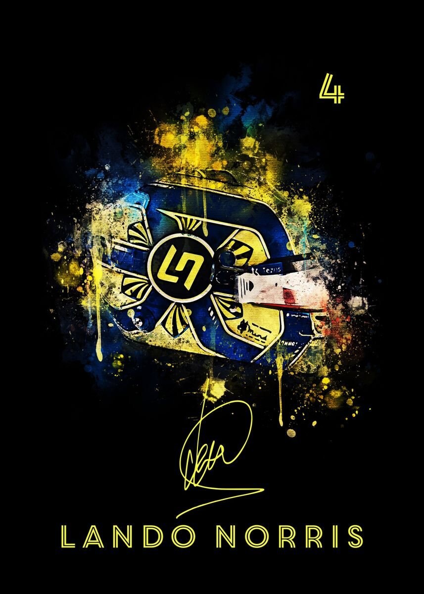Lebhaftes Poster, das einen Formel 1 Helm in Aquarell-Stil zeigt, inklusive Unterschrift von LANDO NORRIS und der Rennnummer 44. Perfekt für Motorsportenthusiasten und Deko-Liebhaber! Von justgoodmood.