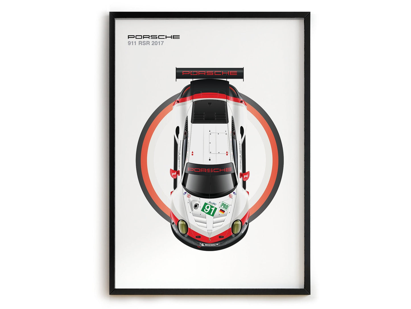 Attraktives Poster eines Porsche 911 RSR 2017 Rennwagens, ein tolles Geschenk für Rennsport-Enthusiasten. Entdecken Sie es bei justgoodmood!