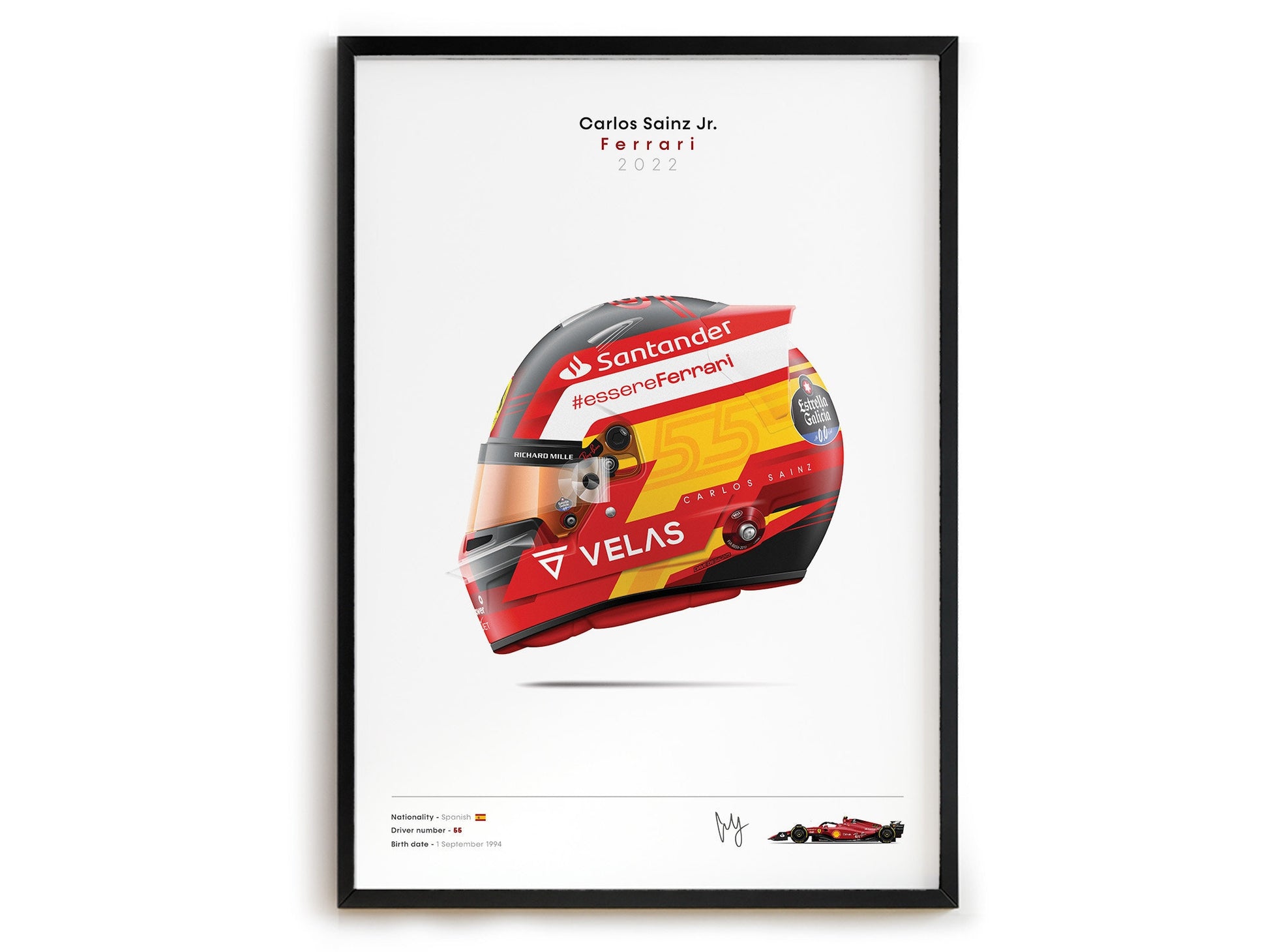 Poster Formel 1 Rennwagen Helm von Carlos Sainz Jr., 2022, stilvoller Druck für Liebhaber von Ferrari und Rennsport von justgoodmood.