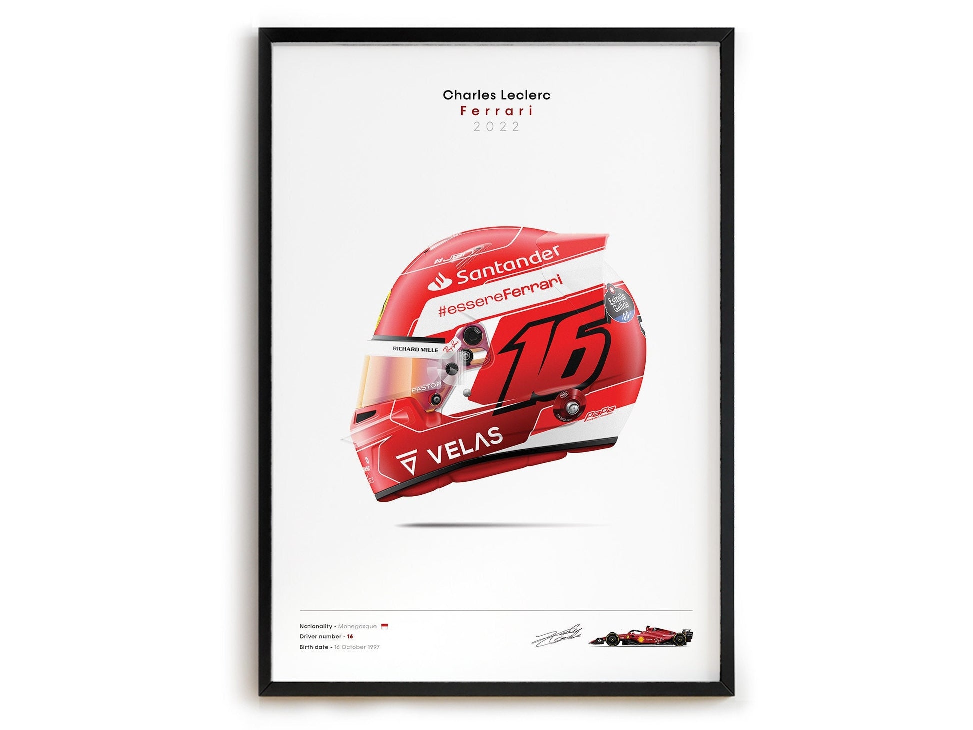 Farbenfrohes Poster des Formel 1 Helms von Charles Leclerc aus dem Jahr 2022. Ein aufregendes Deko-Element, das von justgoodmood entworfen wurde, um Ihr Zuhause zu verschönern.