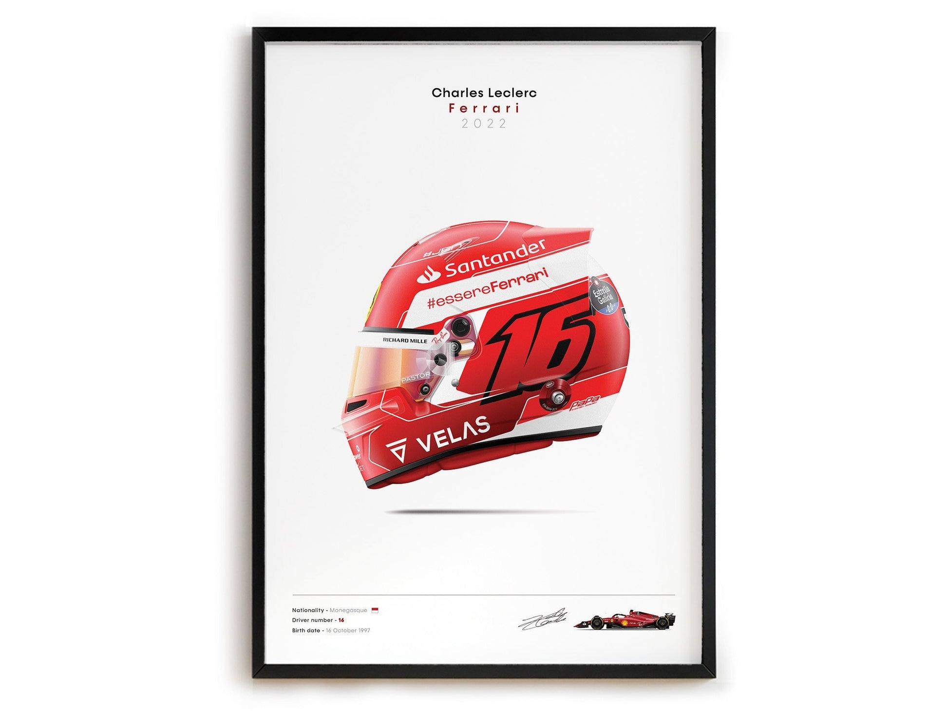Poster Formel 1 Rennwagen Helm von Charles Leclerc, 2022, perfekt für eine inspirierende Wandgestaltung, erhältlich bei justgoodmood.