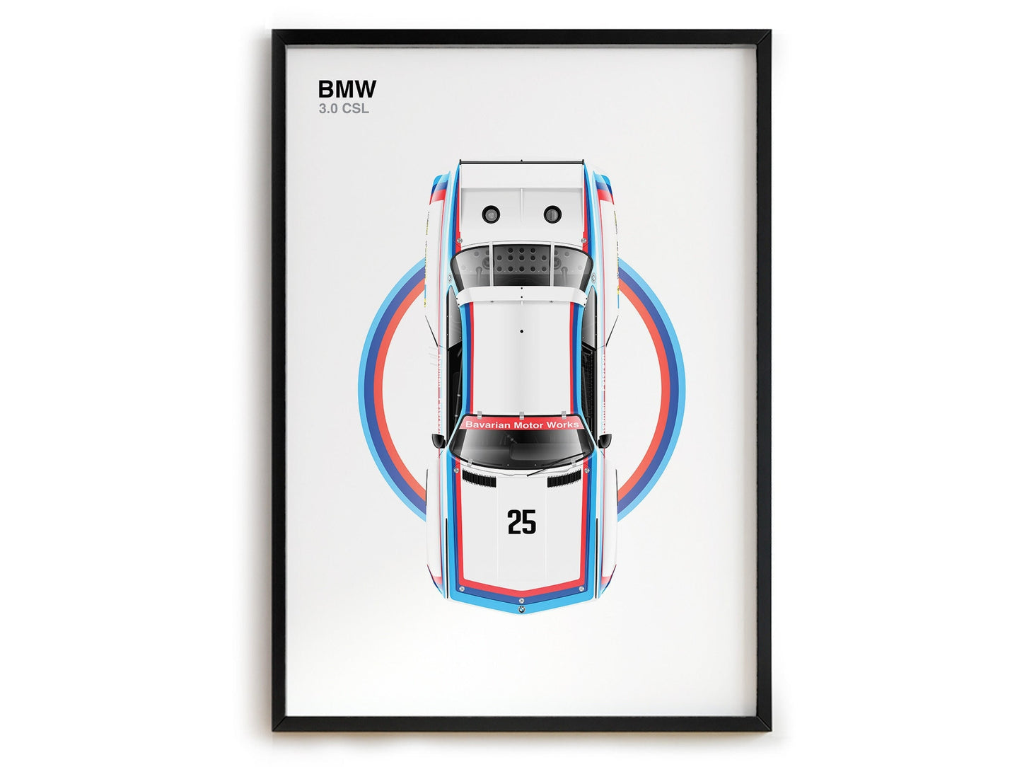 Stylisches Poster eines BMW 3.0 CSL Rennwagens, perfekt zur Dekoration Ihres Wohnraums. Holen Sie sich diesen tollen Print von justgoodmood!