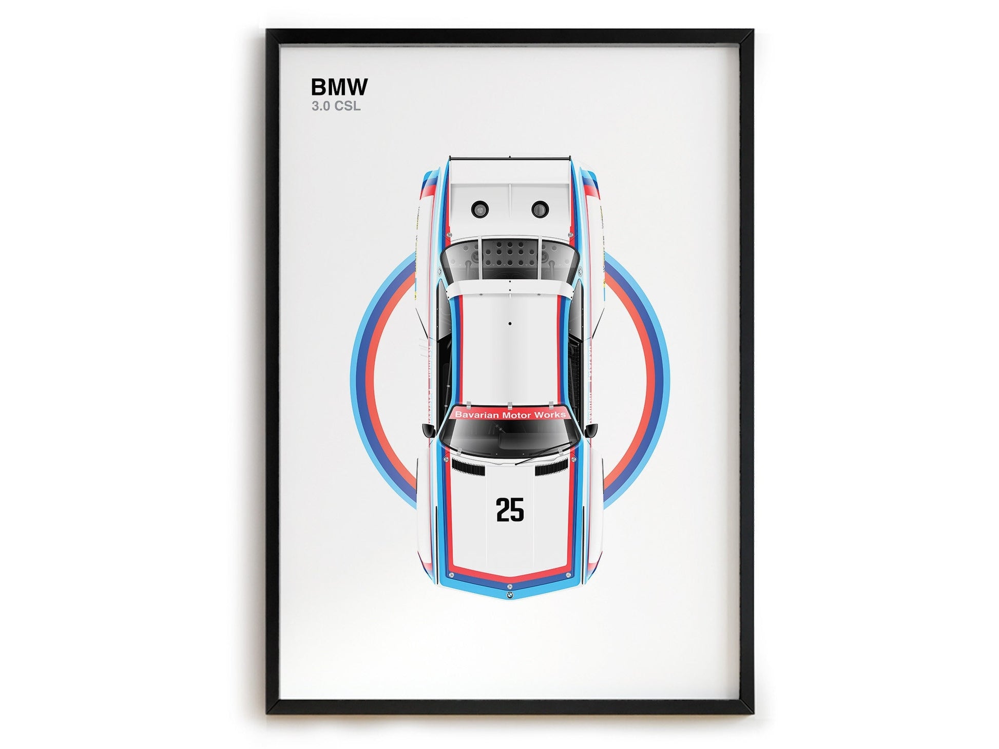 Stylisches Poster eines BMW 3.0 CSL Rennwagens, perfekt zur Dekoration Ihres Wohnraums. Holen Sie sich diesen tollen Print von justgoodmood!