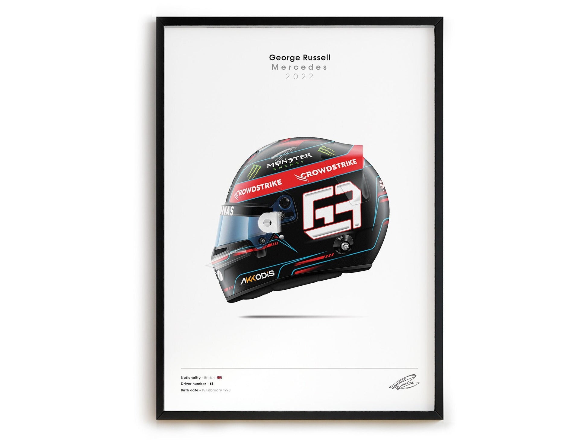 Poster Formel 1 Rennwagen Helm von George Russell, 2022, in hochwertiger Druckqualität - ein tolles Deko-Element für Motorsportfans von justgoodmood.