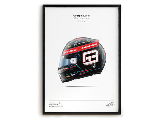 Poster Formel 1 Rennwagen Helm von George Russell, 2022, in hochwertiger Druckqualität - ein tolles Deko-Element für Motorsportfans von justgoodmood.