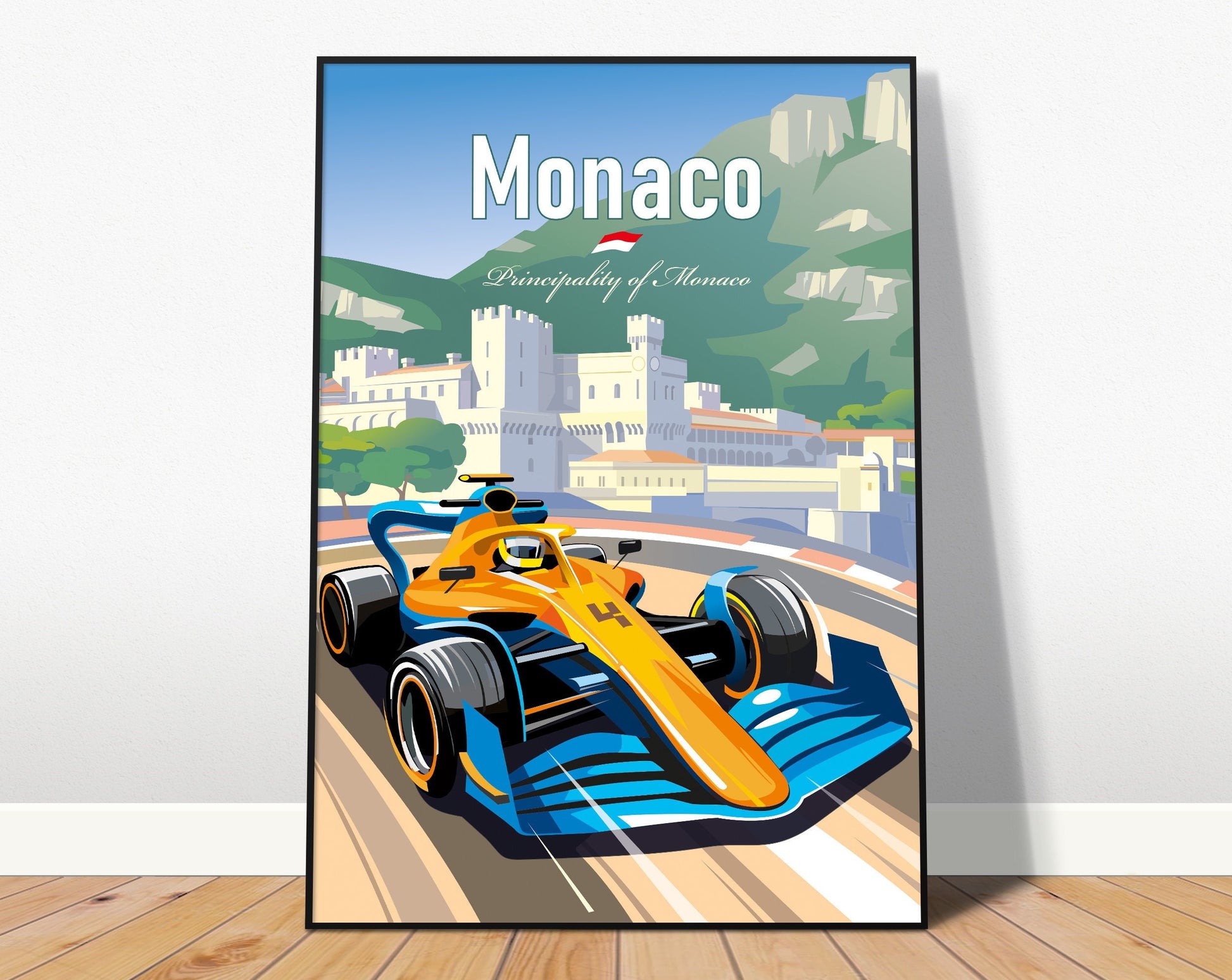 Farbenfrohes Formel 1 Poster von justgoodmood mit dem Rennwagen in Monaco, ideal für Motorsport-Fans.