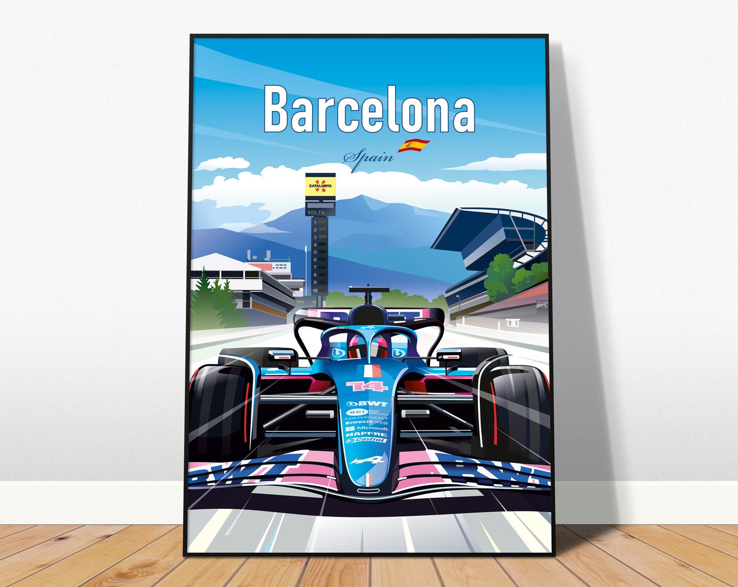 Stylisches Formel 1 Poster von justgoodmood, das die Rennstrecke in Barcelona, Spanien darstellt – perfekt für leidenschaftliche Automobilenthusiasten.