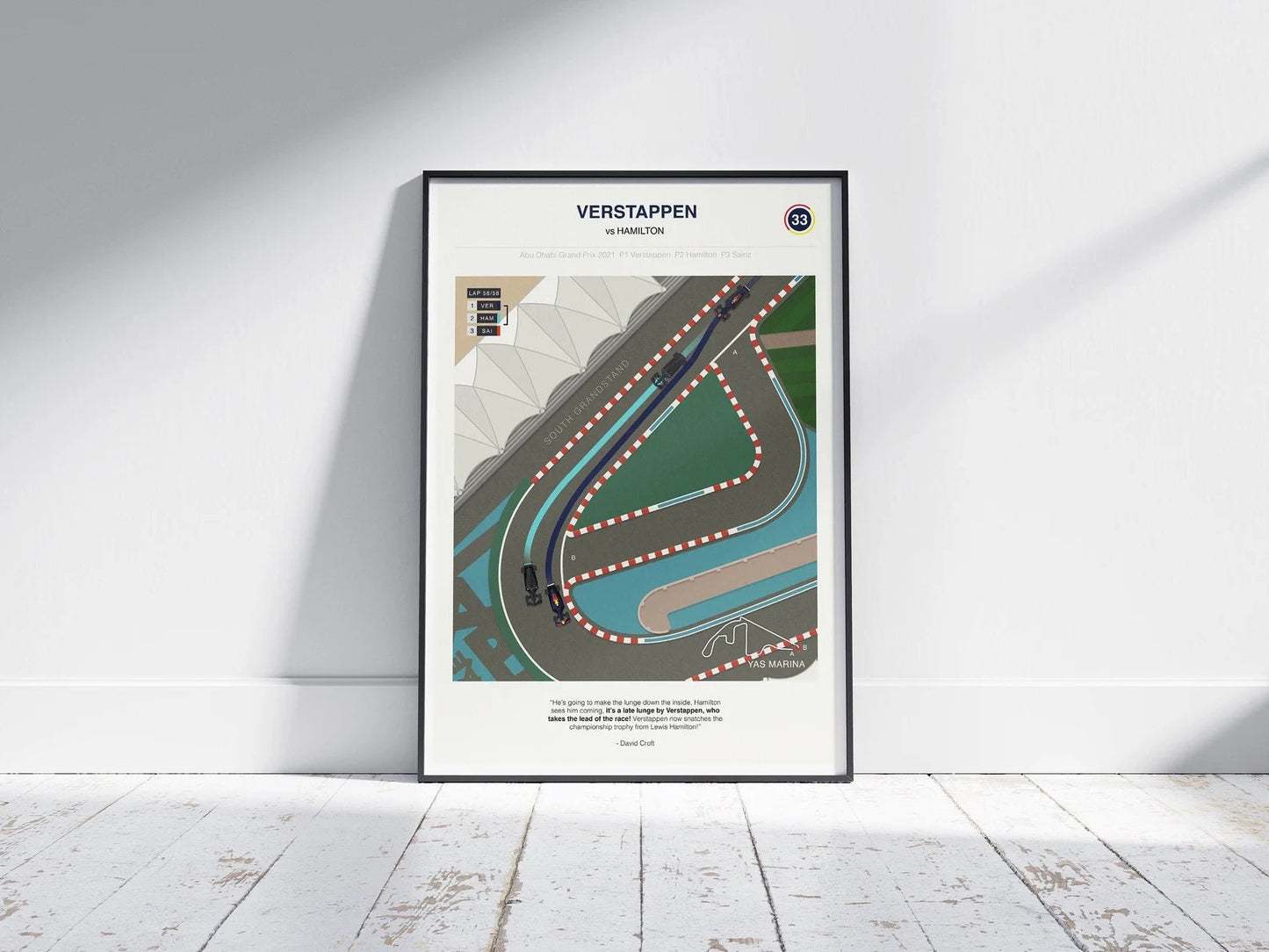 Faszinierendes Poster von justgoodmood – Formel 1 Überholmanöver von Verstappen vs Hamilton, ein Must-Have für jeden Rennsportbegeisterten.