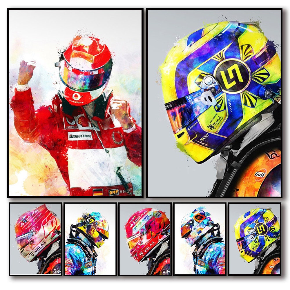 Buntes Formel 1 Poster eines Rennfahrers in Helm, das den Adrenalinkick des Motorsports einfängt – Deko-Print ohne Rahmen von JustGoodMood.