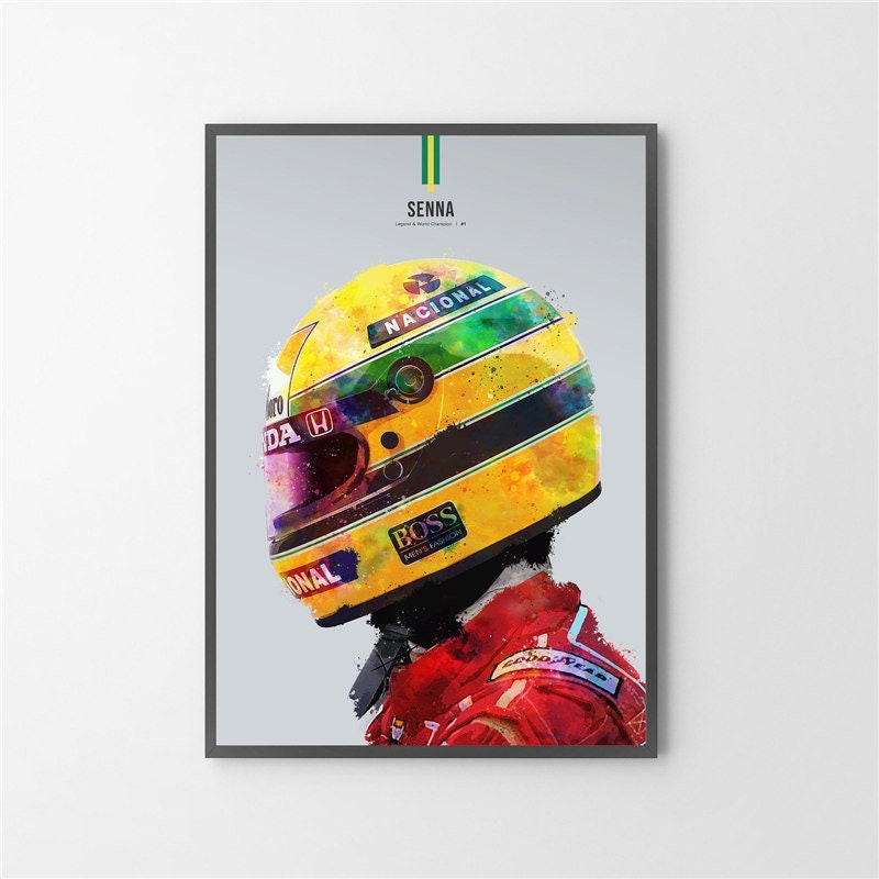 Ein beeindruckendes Poster von Ayrton Senna, das die Legende des Motorsports feiert. Hol es dir bei justgoodmood - Poster Formel 1 Rennfahrer Helm I Deko Print ohne Rahmen.