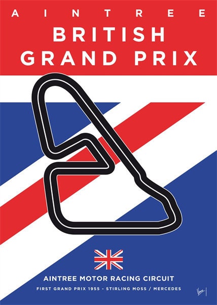 Stylisches Aintree British Grand Prix Poster, das die legendäre Rennstrecke darstellt. Perfekt für jeden Raum und ein tolles Geschenk für Motorsport-Enthusiasten von justgoodmood.