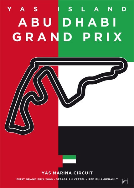 Faszinierendes Poster von justgoodmood für den Abu Dhabi Grand Prix, das die Yas Marina Circuit Rennstrecke in lebendigen Farben zeigt, ideal für dein Zuhause.
