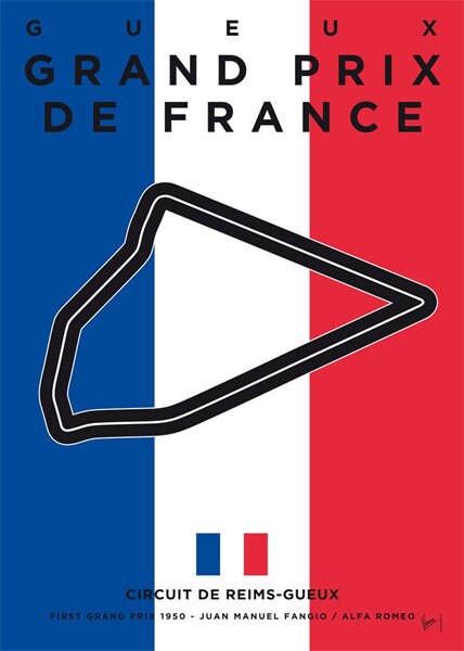 Formel 1 Rennstrecke Poster Grand Prix de France, designt von justgoodmood, mit der stilisierten Strecke und den französischen Flaggenfarben.