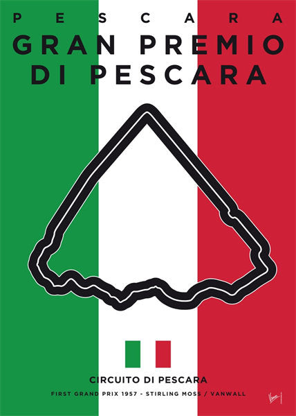 Formel 1 Rennstrecke Poster Gran Premio di Pescara, gestaltet von justgoodmood, mit ikonischer Rückansicht der Rennstrecke und italienischen Flaggenfarben.