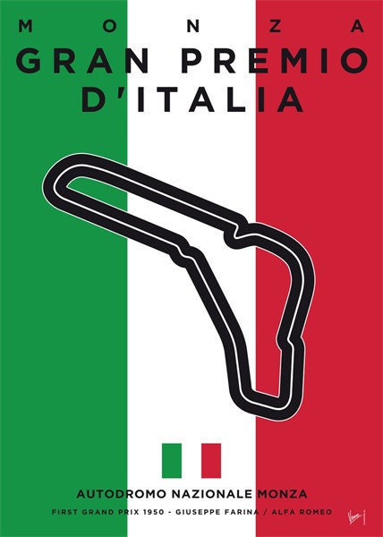 Monza Gran Premio d'Italia Poster, präsentiert die ikonische Rennstrecke in leuchtenden Farben. Toller Deko-Print von justgoodmood für jeden Motorsport-Liebhaber.