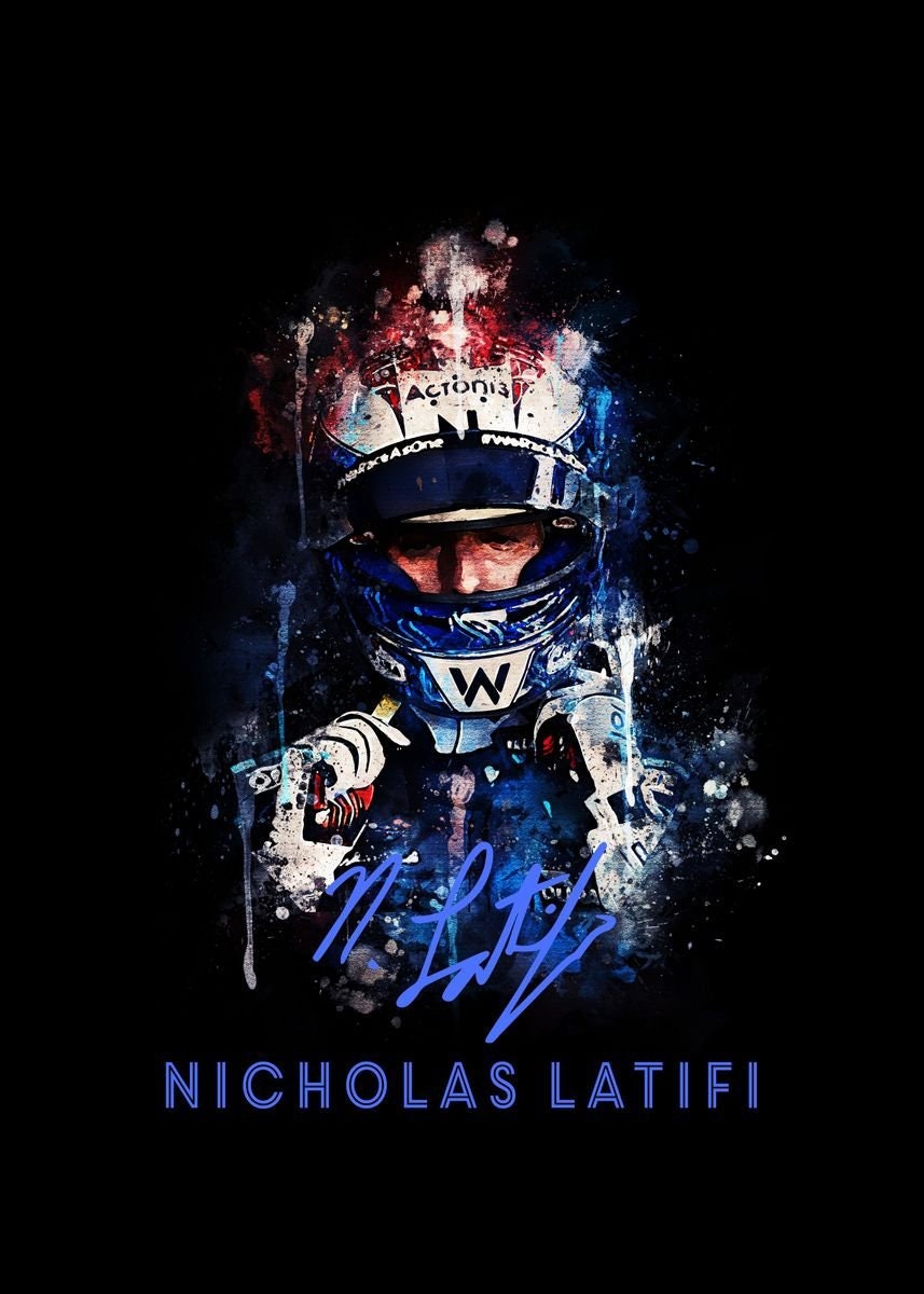 Motivationsposter Formel 1 Rennfahrer von justgoodmood: Porträt eines Rennfahrers mit Unterschrift auf buntem Hintergrund, perfekt für Motorsport-Fans.