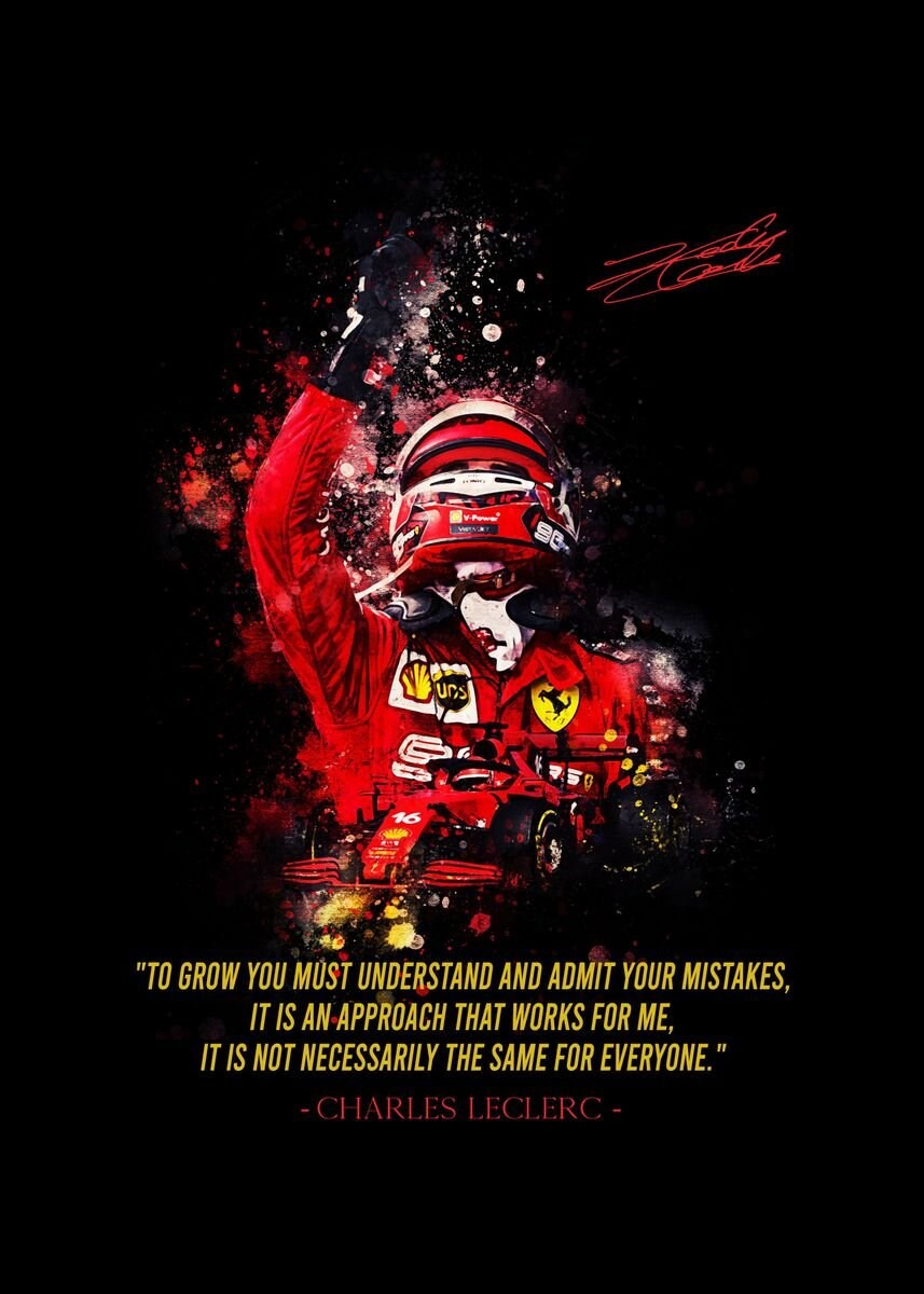 Stylisches Poster mit Formel 1 Rennfahrer Charles Leclerc und einem motivierenden Zitat. Attraktives Deko Print ohne Rahmen von justgoodmood, ideal für die Wohn- oder Büroumgebung.