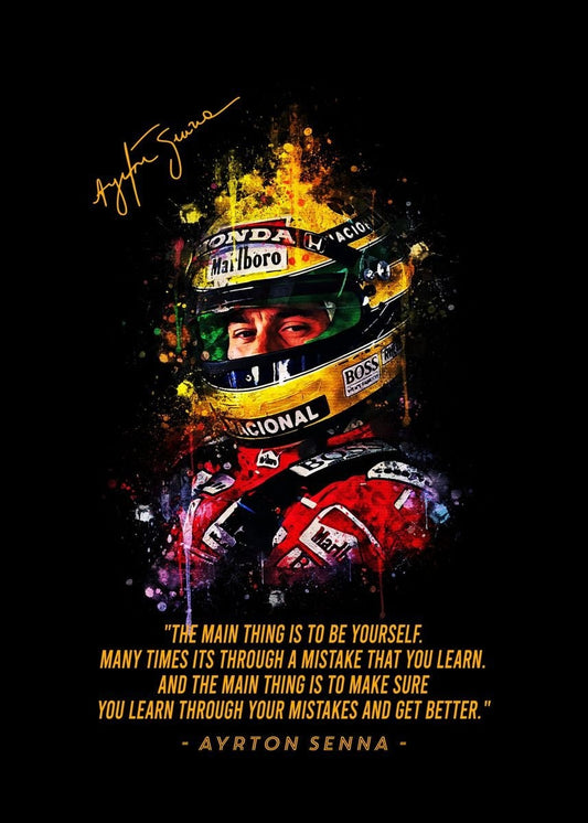 Farbenfrohes Poster von Formel 1 Rennfahrer Legenden mit einem Zitat von Ayrton Senna. Ein fantastisches Deko Print ohne Rahmen von justgoodmood, das Motorsport-Fans begeistert.