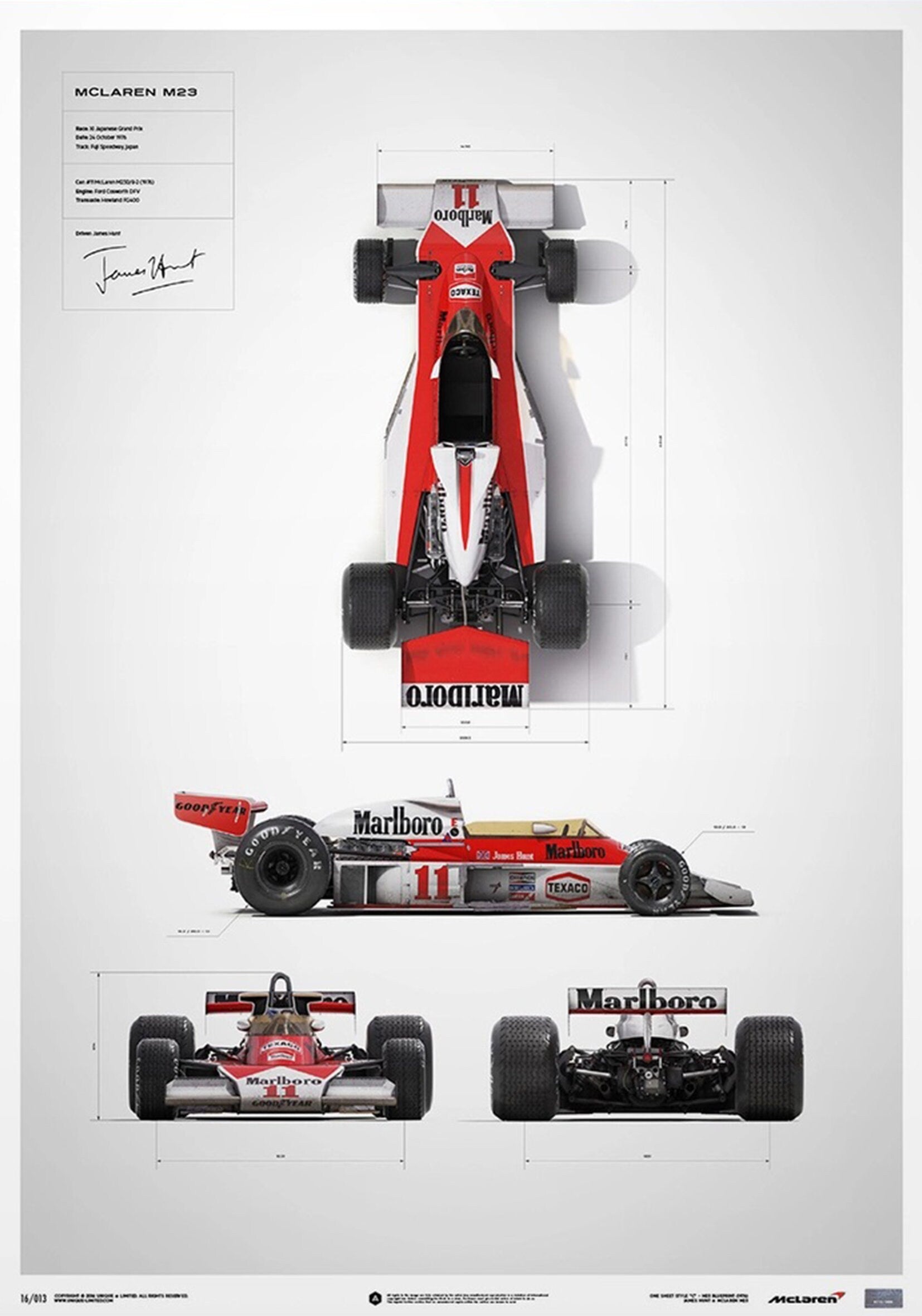 Poster Formel 1 McLaren M23, detailreiche Abbildung für Motorsport-Fans, erhältlich bei justgoodmood als Deko-Print.