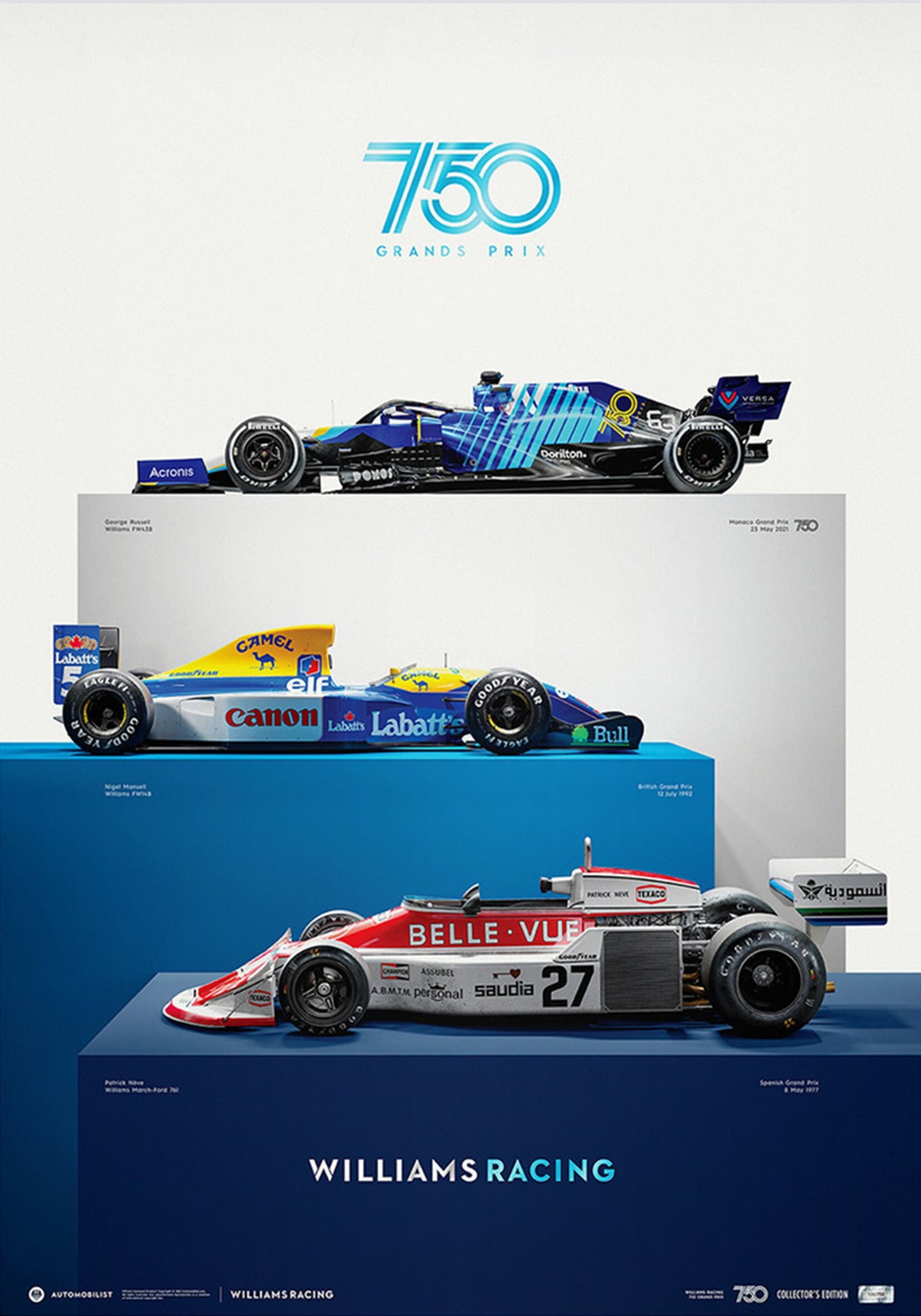 Poster Formel 1 Williams Racing 750 Grands Prix, feiert die Rennlegenden, von justgoodmood, ideal für Ihre Motorsport-Sammlung.