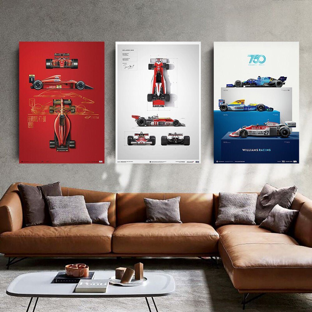 Poster Formel 1 Rennfahrer Legenden Rennwagen Ferrari I Williams Racing I Deko Print ohne Rahmen von justgoodmood, zeigt beeindruckende Rennwagen-Designs an einer stilvollen Wand.