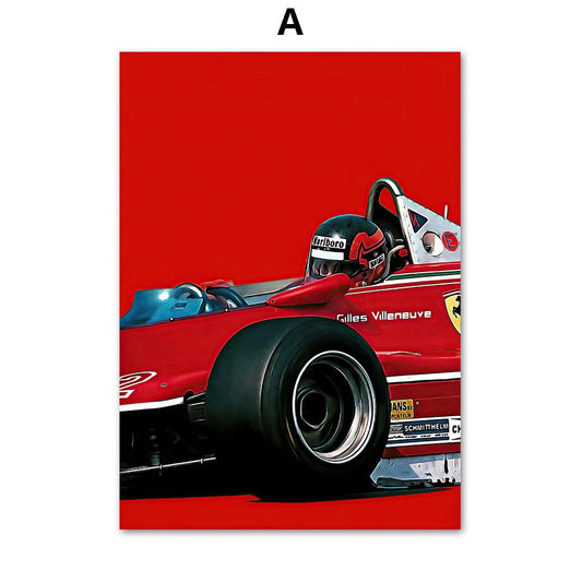 Buntes Formel 1 Rennwagen Poster mit Gilles Villeneuve, perfekt für die Wanddekoration, erhältlich bei justgoodmood. Poster Formel 1 Rennwagen Rennfahrer I Deko Print ohne Rahmen.