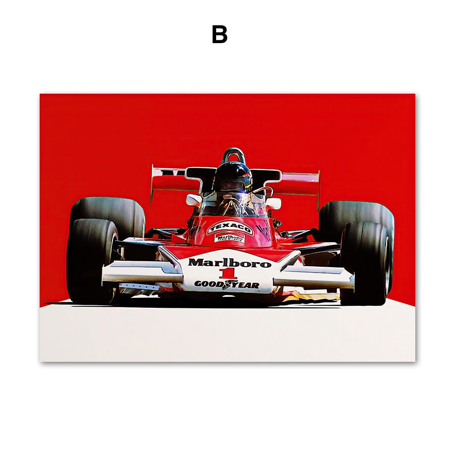 Dynamisches Poster eines klassischen Formel 1 Rennwagens, ein Blickfang für jedes Zimmer, von justgoodmood. Poster Formel 1 Rennwagen Rennfahrer I Deko Print ohne Rahmen.
