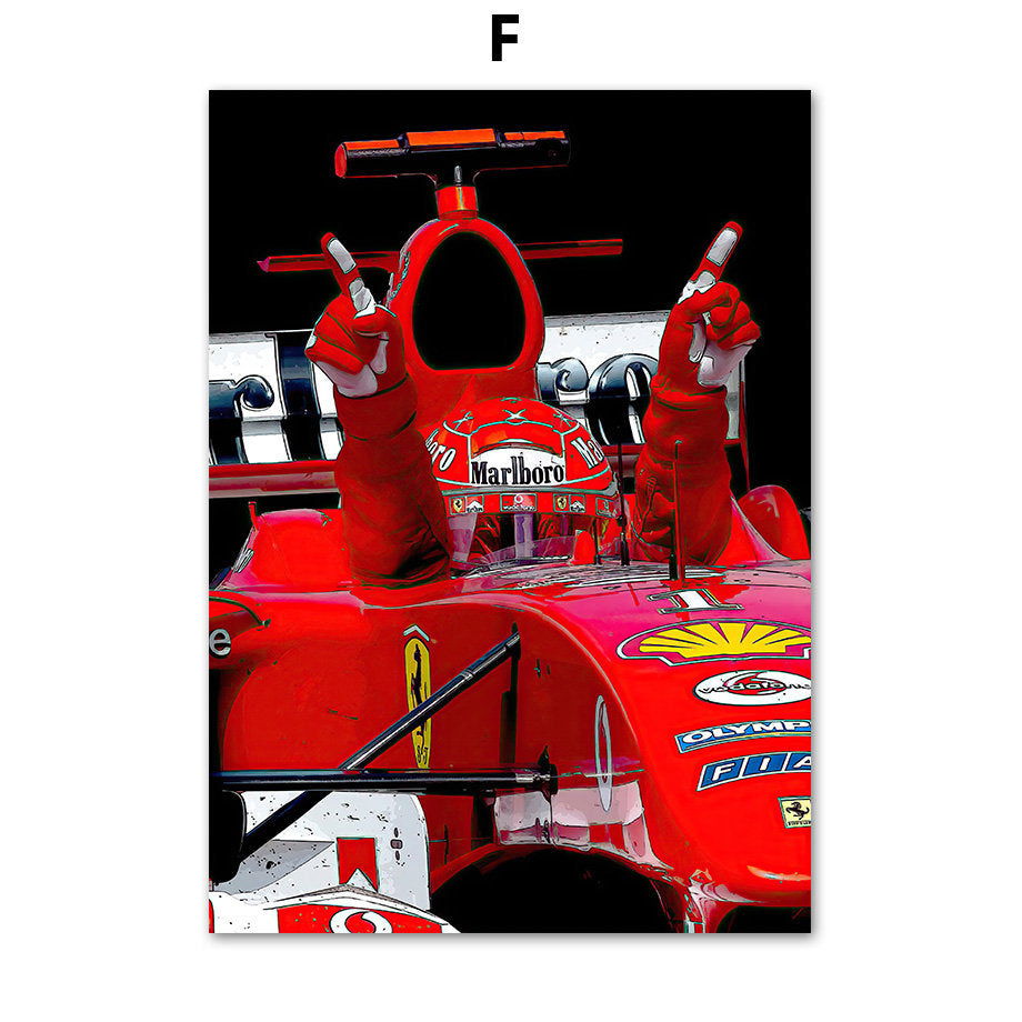 Deko-Print eines feiernden Formel 1 Fahrers im roten Rennanzug, der zwei Daumen nach oben zeigt. Perfekt für Motorsportliebhaber. Poster von justgoodmood, Titel: Formel 1 Rennwagen Rennfahrer. Ein Blickfang für Ihr Zuhause!