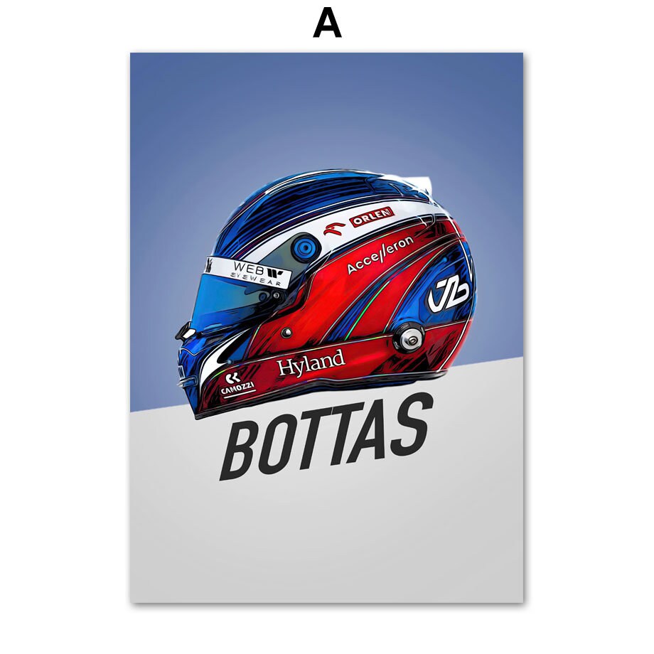 Entdecke das faszinierende Formel 1 Rennwagen Helm Poster von justgoodmood! Mit dem detaillierten Helm-Design von Bottas ist dies die ideale Deko für Fans des Motorsports.