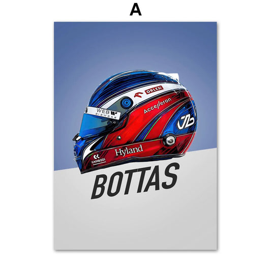 Entdecke das faszinierende Formel 1 Rennwagen Helm Poster von justgoodmood! Mit dem detaillierten Helm-Design von Bottas ist dies die ideale Deko für Fans des Motorsports.
