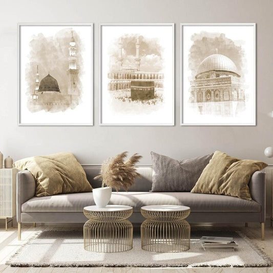 Stilvolles Poster von justgoodmood, das islamische Architektur darstellt, perfekt für Wohnzimmer oder Schlafzimmer - Poster Mekka Islamische Architektur.