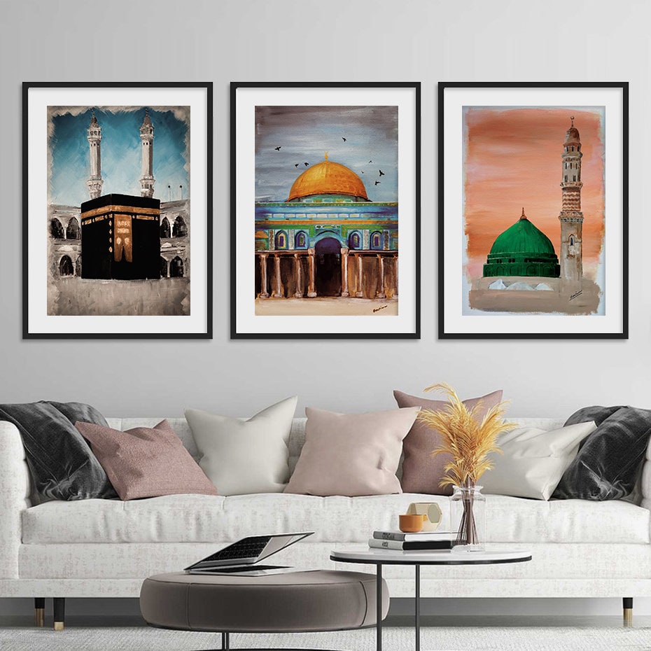 Schönes Wandbild von der Kaaba, Al Aqsa Moschee und dem grünen Dome, perfekt für Wohnzimmer oder Schlafzimmer, erhältlich bei justgoodmood, Poster Al Aqsa Moschee Kaaba Minarett I Wandbilder Wohnzimmer & Schlafzimmer I Deko Print Bilder I ohne Rahmen.