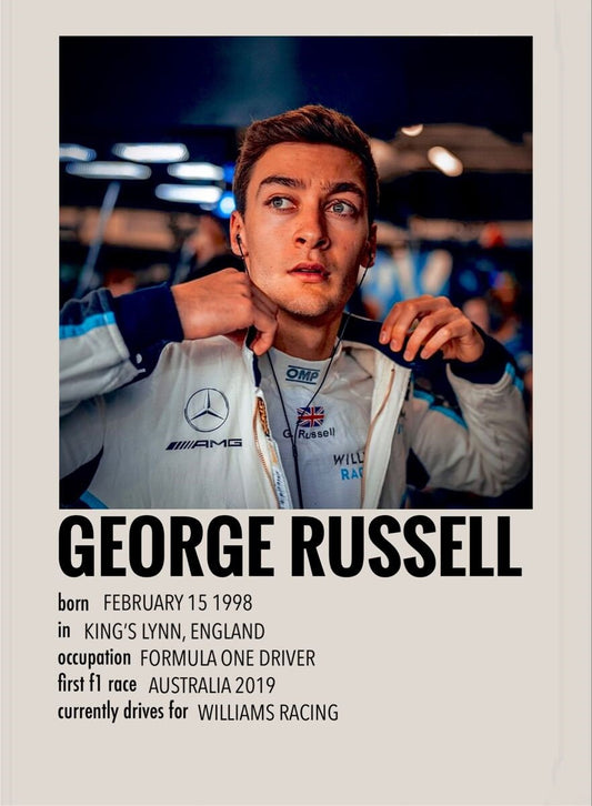 Das stilvolle Poster von justgoodmood zeigt George Russell, einen talentierten Formel 1 Fahrer. Ideal für Fans des Motorsports und perfekt als Deko Print ohne Rahmen!
