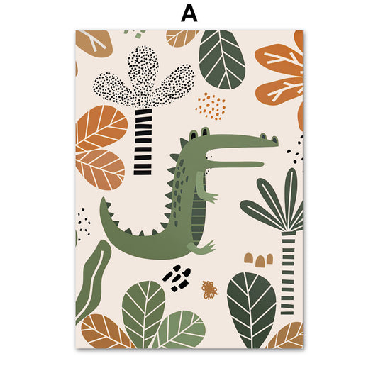 Verspielt gestaltetes Poster von justgoodmood: Ein niedlicher Krokodil mit Dschungelpflanzen im Hintergrund, Teil des Designs "Safari Abenteuer Löwe Giraffe".