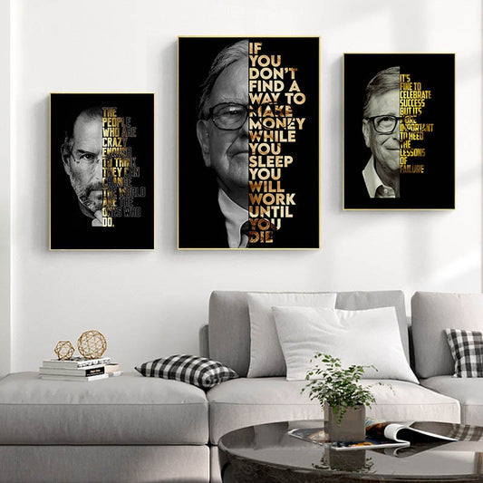 Stylisches Wanddeko Poster mit goldenen Motivationszitaten von Bill Gates und Steve Jobs, ideal für kreative Räume, von JustGoodMood.