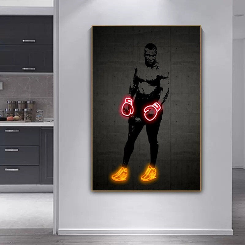 Beeindruckendes Mike Tyson Neon-Poster mit Boxhandschuhen, perfekt für jedes Trainingszimmer – Deko Print von justgoodmood.