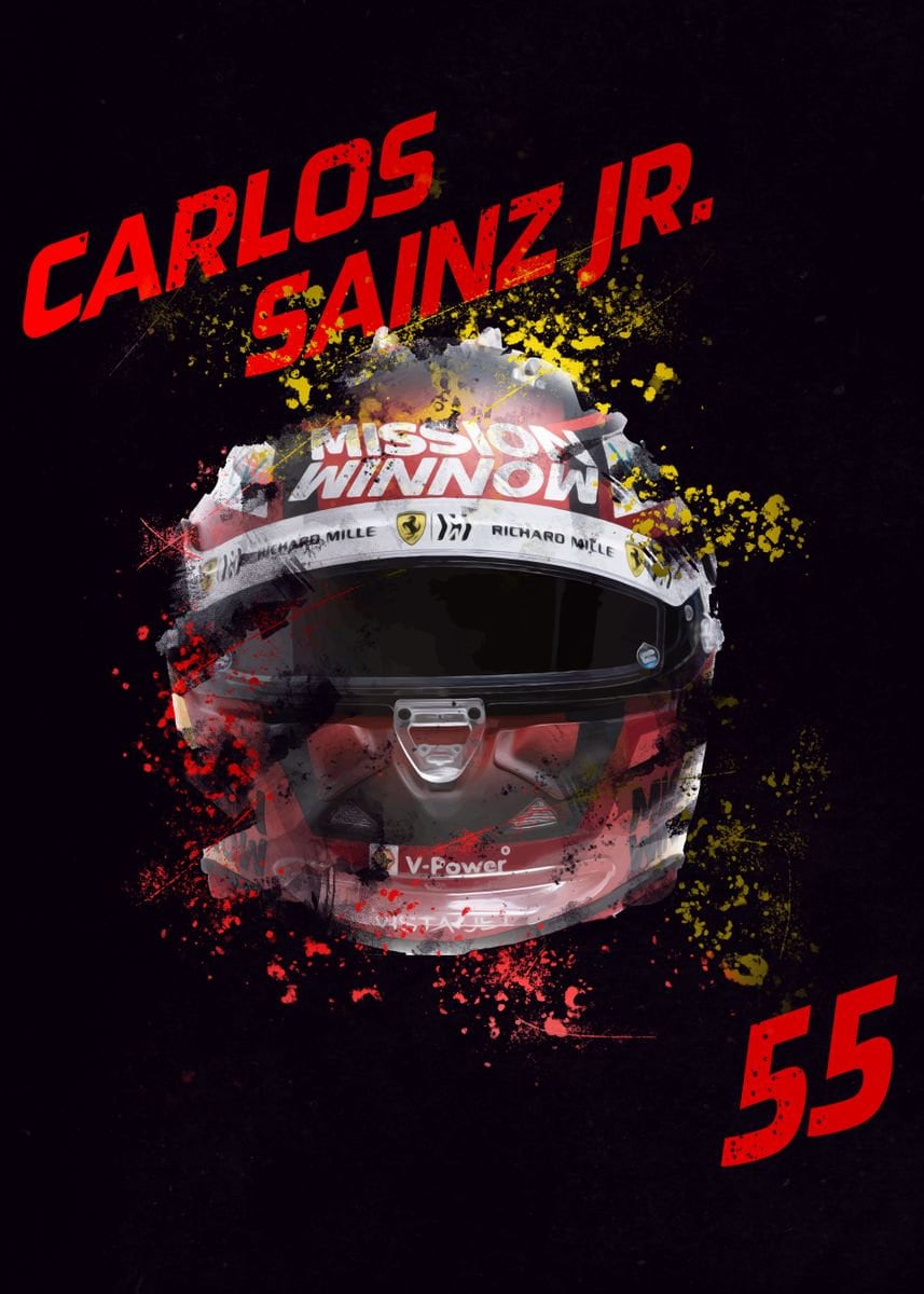 Stylisches Poster von Carlos Sainz Jr. mit seinem Formel 1 Helm und der Fahrernummer 55, erhältlich bei justgoodmood als Deko Print ohne Rahmen.