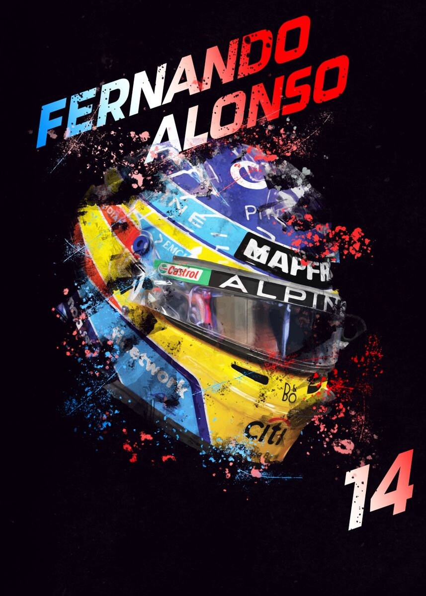 Ein lebhaftes Poster von Fernando Alonso, das seinen Formel 1 Helm und die Fahrernummer 14 präsentiert, ideal als Deko Print ohne Rahmen von justgoodmood.