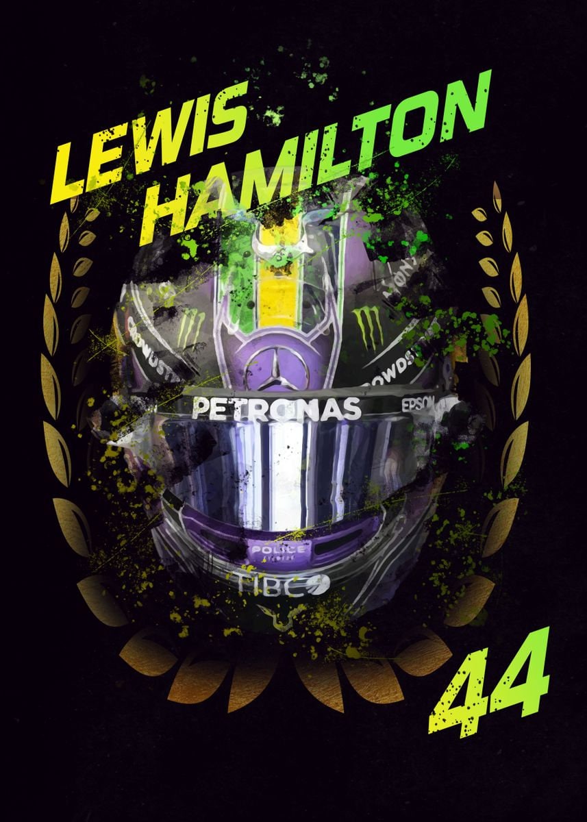 Stylisch gestalteter Formel 1 Helm von Lewis Hamilton, mit goldenen Akzenten und der Fahrernummer 44, als aufregender Deko Print von justgoodmood.