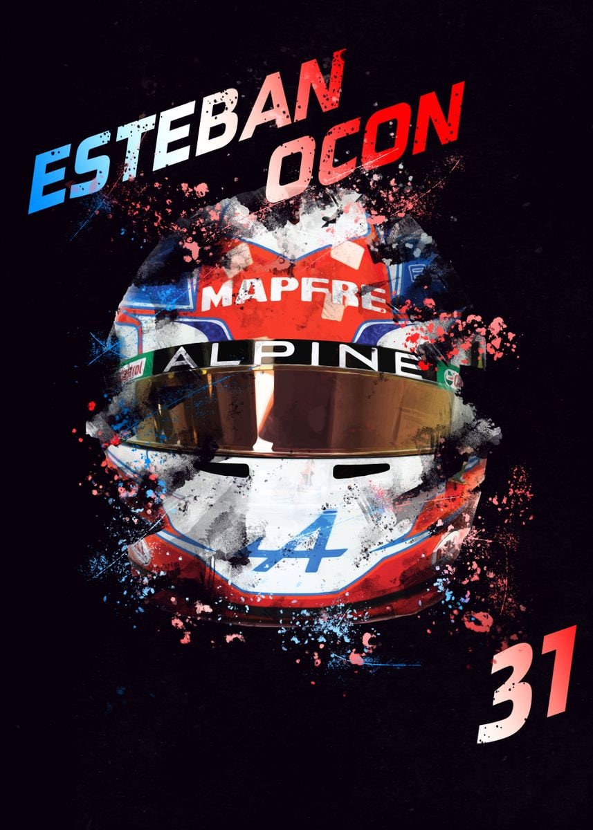 Ein auffälliges Poster von Esteban Ocon mit seinem Formel 1 Helm und der Fahrernummer 31, perfekt als Deko Print ohne Rahmen von justgoodmood.