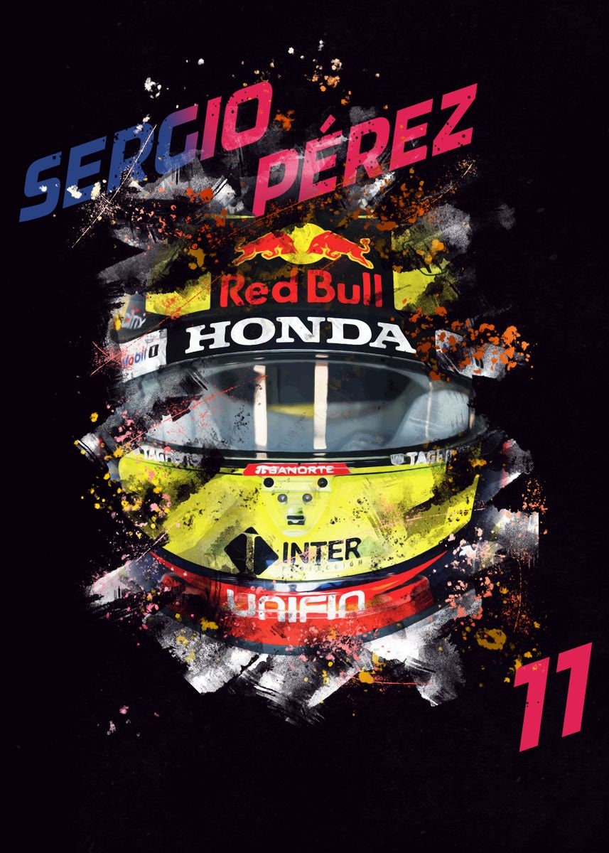 Poster Formel 1 Helme von justgoodmood mit dem Helmdesign von Sergio Pérez, inklusive der Fahrernummer 11, perfekt für Motorsport-Fans!