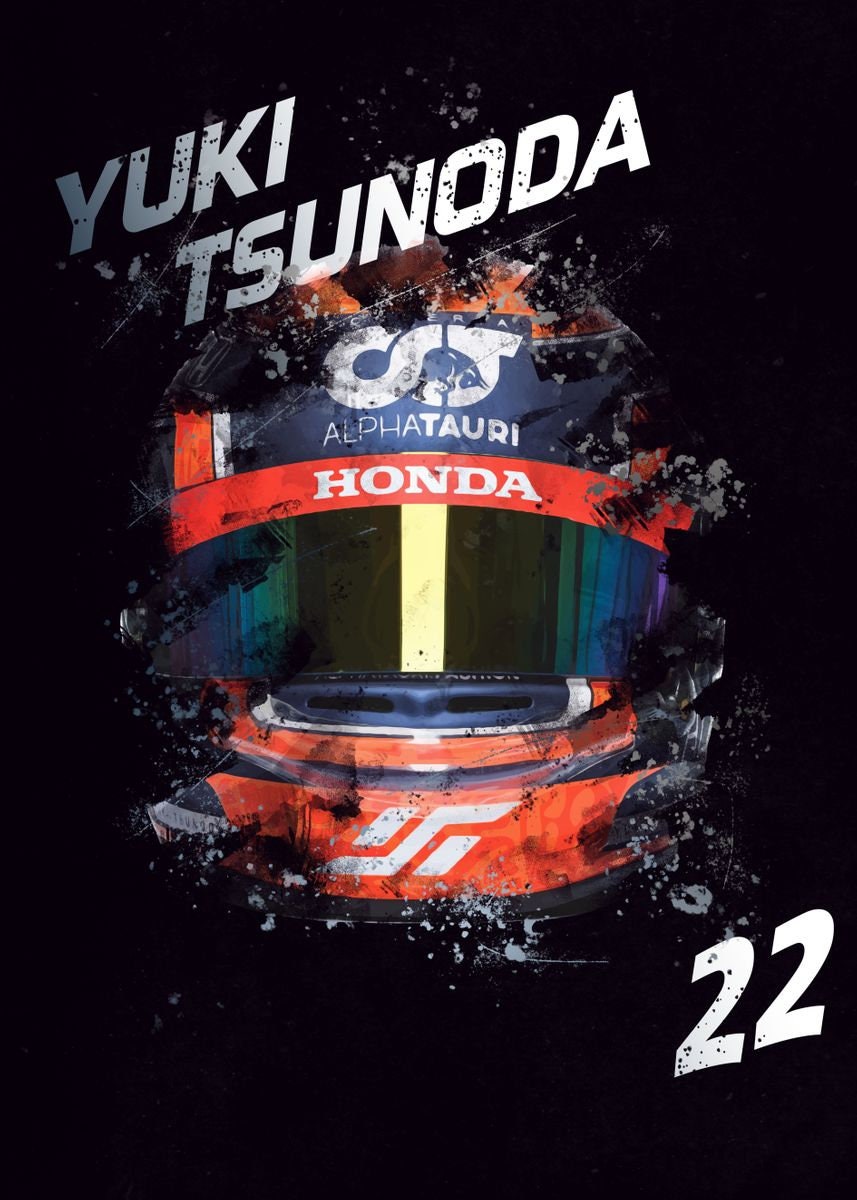 Poster Formel 1 Helme von justgoodmood, zeigt den auffälligen Helmdesign von Yuki Tsunoda mit der Fahrernummer 22, ein Muss für jeden F1-Enthusiasten!